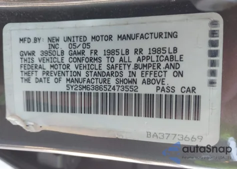 2005 Pontiac Vibe from USA, damaged, VIN 5Y2SM63865Z473552